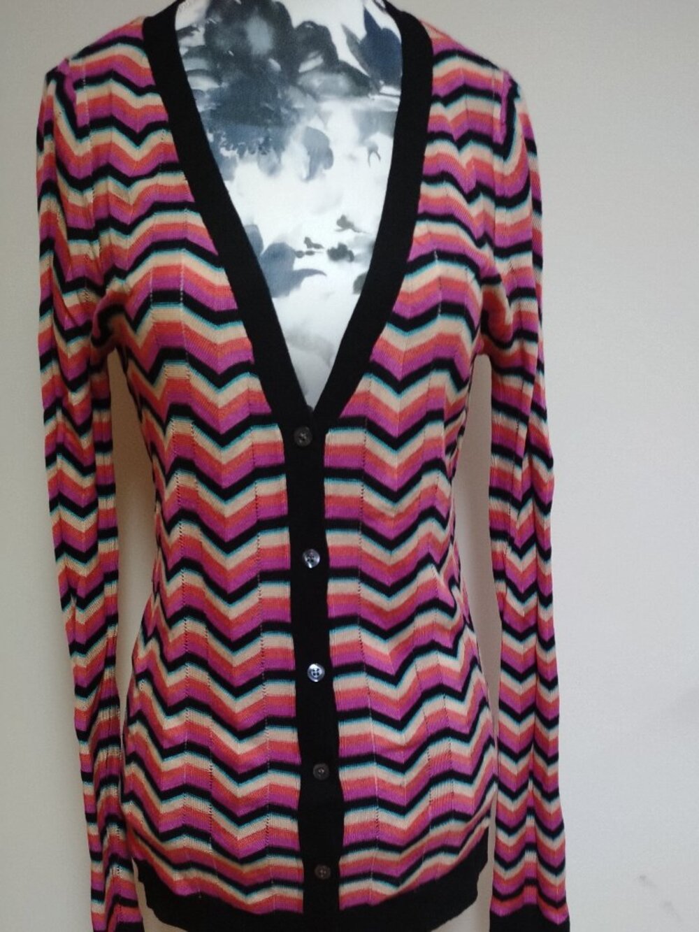 SI-IAE Silk-Cashmere Blend Multi-Colour Chevron Stripe Cardigan, XS
